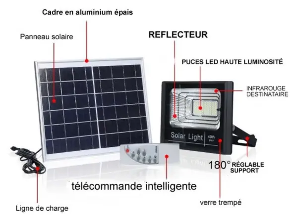 Projecteur Solaire LED 100W IP65 Dimmable avec Détecteur (Panneau Solaire + Télécommande Inclus)